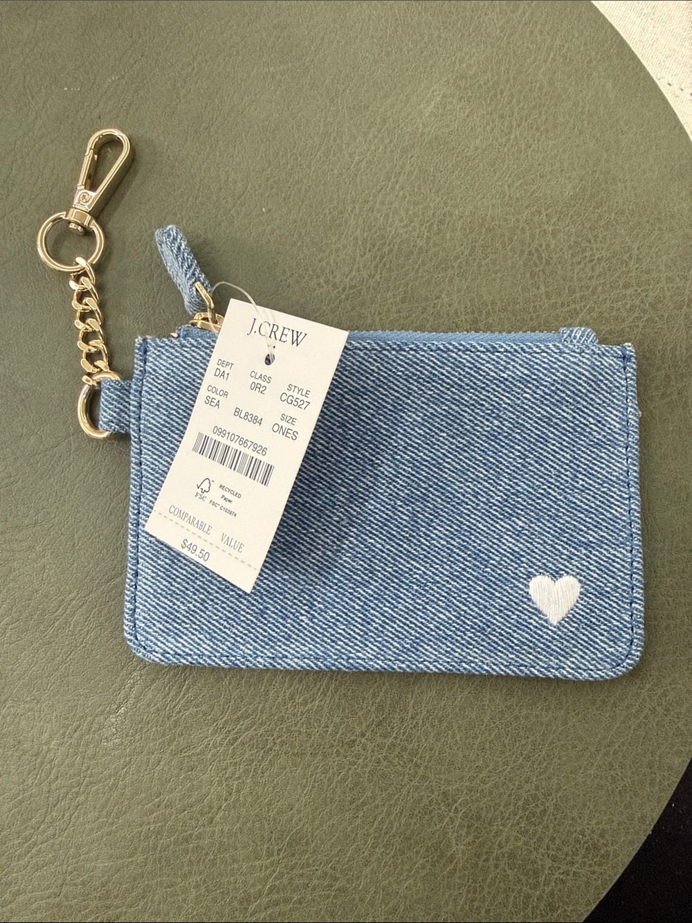 J. Crew Light Blue Denim Heart Zip Card Holder with Gold Keychain
